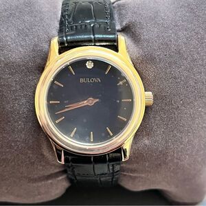 NWT Bulova Women's Diamond 30mm Gold Watch Black Dial Crocodile Leather Strap